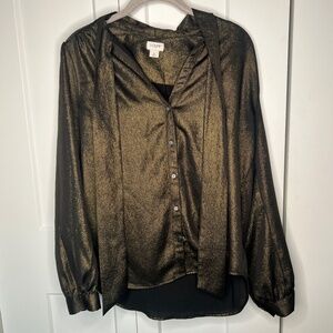 J Crew Factory Gold Neck Tie Button Down Blouse Women's Size Medium